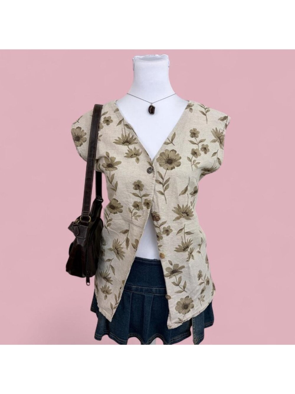 90s ditsy floral cottagecore button up sleeveless shirt